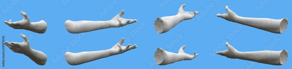 Set of white stone statue hand renders isolated on blue, lights and shadows distribution example for artists or painters - 3d illustration of objects - obrazy, fototapety, plakaty 