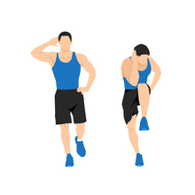 Man Doing Body Crunches. Standing Cross Exercise. Flat Vector Illustration Of A Man In Abs Exercise 