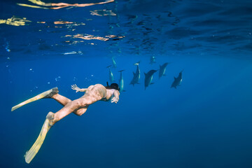 Wall Mural - Young woman swim with dolphins in ocean