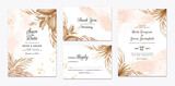 Fototapeta Boho - Wedding invitation template set with brown and peach dried floral and leaves decoration. Botanic card design concept