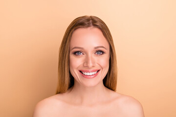 Wall Mural - Close-up portrait of her she nice-looking attractive lovely confident cheerful cheery glad straight-haired girl perfect healthy soft smooth skin medical clinic isolated over beige pastel background