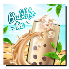 Sticker - Bubble Tea Creative Promotional Banner Vector. Tea With Ice Cubes And Chocolate, Mint Green Leaves Branch And Beverage Splash On Wooden Desk Advertising Poster. Style Color Concept Layout Illustration