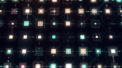 Poster - Data processing in circuit board abstract server. Animation. Data moves in the form of moving lines and squares on black background, seamless loop.