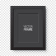 Black vertical frame with Passepartout hanging on a transparent background. Blank elegant frame template, for image or text placement. Rectangular shape picture frame, realistic vector mockup.