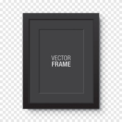 Wall Mural - Black vertical frame with Passepartout hanging on a transparent background. Blank elegant frame template, for image or text placement. Rectangular shape picture frame, realistic vector mockup.