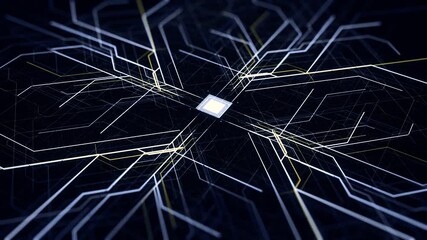 Poster - Abstract pattern with microchip circuit board on black background. Animation. Futuristic technological background with colorful process of machine learning.