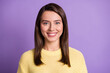 © deagreez - Photo portrait of young pretty brunette girl smiling wearing casual knitted yellow sweater smiling isolated on bright color purple background