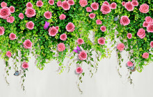 3D Pink Roses With Butterflies On A Living Wall Of Greenery.