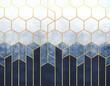 canvas print picture - Geometric abstraction of hexagons on a blue relief background with gold elements. Fresco for interior printing, Wallpapers.