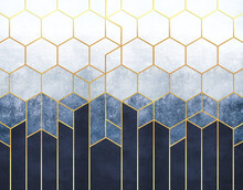 Geometric Abstraction Of Hexagons On A Blue Relief Background With Gold Elements. Fresco For Interior Printing, Wallpapers.