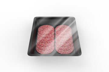 Plastic Tray W/ Sliced Winter Salami Mockup isolated on white background. 3d illustration