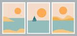 Fototapeta Zachód słońca - Set of abstract minimalist aesthetic posters backgrounds with sea landscape, couple silhouette, yacht. Trendy vector illustration for wall decoration, postcard or brochure, social media.