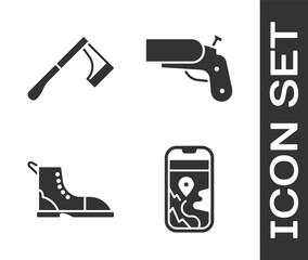 Sticker - Set City map navigation, Wooden axe, Hiking boot and Flare gun pistol icon. Vector.