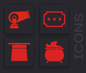 Poster - Set Witch cauldron, Cannon, Ticket and Magician hat icon. Vector.