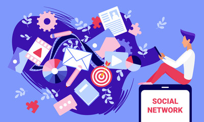 Poster - Social media content technology concept vector illustration. Cartoon user man using mobile phone for creating blog photo, music and video content, email in abstract cloud and communication background