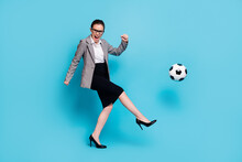 Full Body Profile Side Photo Woman Kick Football Ball Wear Blazer Jacket Skirt Isolated Blue Color Background