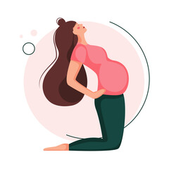 pregnant woman doing yoga. prenatal exercise. beautiful pregnant woman is sitting in the asana. Vector illustration in flat cartoon character isolated on white background.