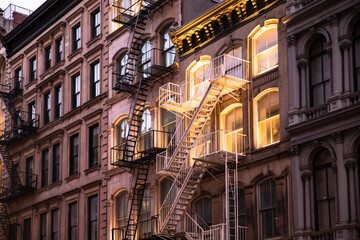 New York City apartment buildings in the evening with lights