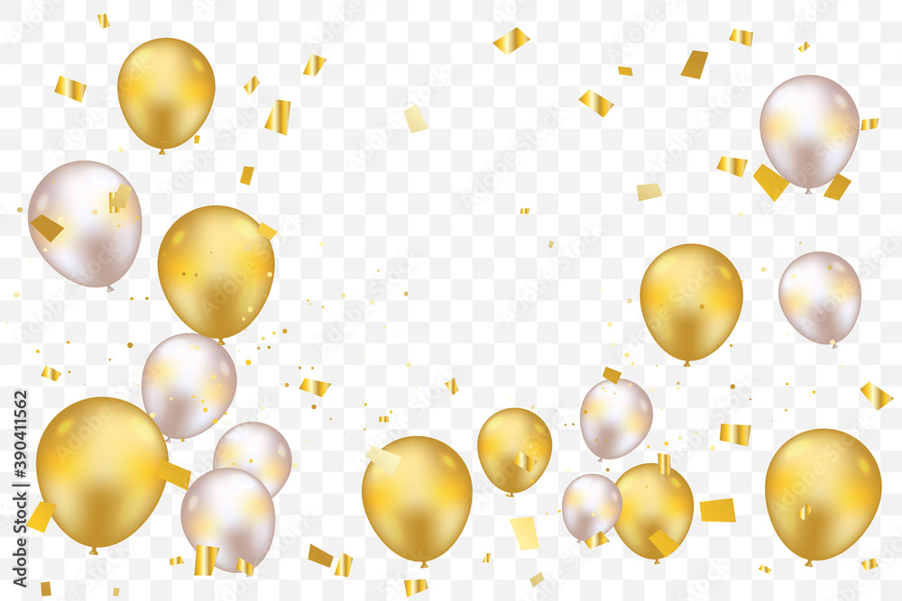 Golden Tiny Confetti With Balloon On Transparent Background. Vector ...