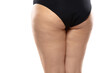 © master1305 - Back view. Overweight woman with fat cellulite legs and buttocks, obesity female body in black underwear isolated on white background. Orange peel skin, liposuction, healthcare and beauty treatment.