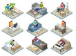 Isometric business man amd woman working at home with laptop and papers on desk. Freelance or studying concept. Online meeting work form home. Home office.