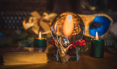 Concept of Christmas divination predictions on tarot cards, magical ball and other magic