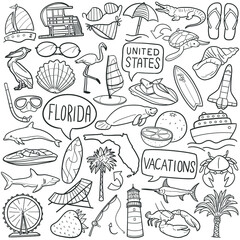 Wall Mural - Florida USA doodle icon set. Vacations Vector illustration collection. Banner Hand drawn Line art style.