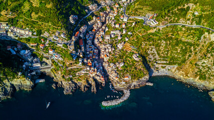 Poster - Panoramic drone view of the famous Riomaggiore village in Cinque Terre Italy