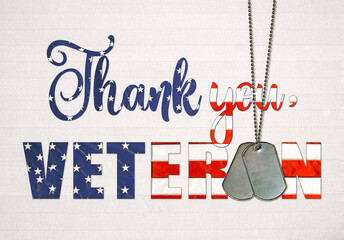 Wall Mural - thank you flag text for veteran with military dog tags on rustic wood background