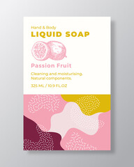 Wall Mural - Liquid Soap Package Label Template. Abstract Shapes Camo Background Vector Cover. Cosmetics Packaging Design. Modern Typography and Hand Drawn Passion Fruit and a Half Sketch. Isolated
