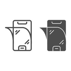 Poster - Screen protection of smartphone line and solid icon, smartphone review concept, protective film comes off phone on white background, protective glass for mobile icon in outline style. Vector graphics.