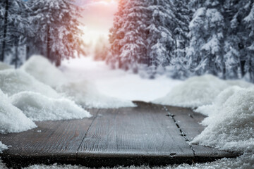 Canvas Print - Winter landscape on a frosty day and a snowy table with snow