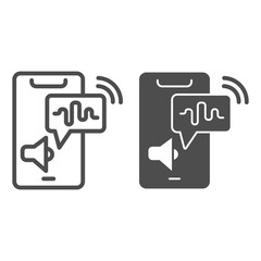 Poster - Smartphone with sound wave and speaker line and solid icon, smartphone review concept, voice command control sign on white background, phone sound alert icon in outline style. Vector graphics.