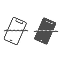 Poster - Smartphone waterproof line and solid icon, smartphone review concept, waterproof mobile sign on white background, phone in water icon in outline style for mobile concept, web design. Vector graphics.