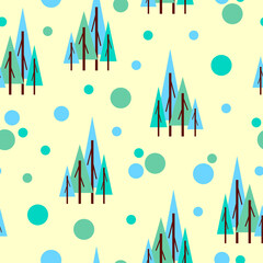 Wall Mural - Seamless pattern winter blue and green fir trees. Yellow background. Flat style. Garden or forest. Nature and ecology. Merry Christmas. Postcards, wallpaper, textile, scrapbooking and wrapping paper