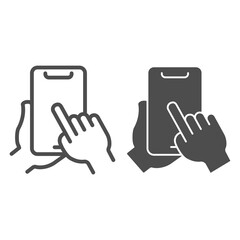 Poster - Phone in hand line and solid icon, smartphone review concept, hand holding mobile touching screen sign on white background, finger tapping on smartphone screen icon in outline style. Vector graphics.