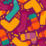 Fototapeta Młodzieżowe - Cute socks flat hand drawn vector seamless pattern. Colorful background in abstract, scandinavian style. Cozy winter clothes. Simple design for wallpaper, wrapping, textile, fabric, decor, print, card