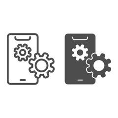 Poster - Smartphone setting line and solid icon, smartphone review concept, phone screen with gear image sign on white background, mobile customization icon in outline style for web design. Vector graphics.