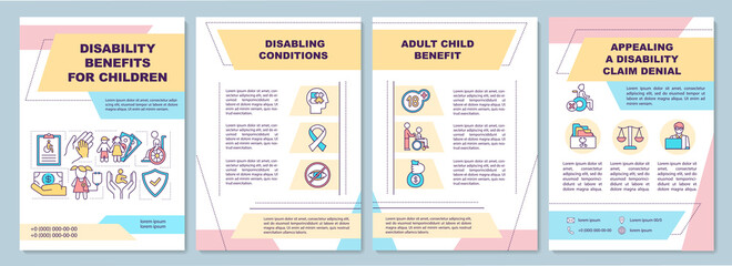 Disability benefits for children brochure template. Flyer, booklet, leaflet print, cover design with linear icons. Vector layouts for magazines, annual reports, advertising posters