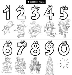 Wall Mural - educational numbers set with Christmas characters coloring book page