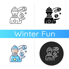 Sticker - Snowball fight icon. Winter recreation. Kids playing. Snow ball children game. Festive season entertainment. Christmas time. Linear black and RGB color styles. Isolated vector illustrations