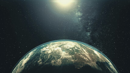 Wall Mural - rotating earth planet with sun light. white halo orbits about bright star in space with stars. outer