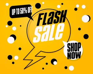 Poster - Flash sale speech balloon. Yellow background. Up to 50% off.
