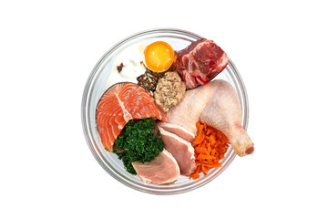 Wall Mural - Natural healthy dog food in bowl isolated on white background. Raw fresh pork, beef, chicken meat, salmon fish, egg, vegetables, seeds, yogurt. 