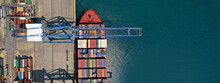 Aerial Top Down Ultra Wide Photo Of Industrial Cargo Container Ship Loading In Logistics Terminal Port