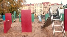 Empty Playground In A European City. Child Friendly Space Development To Create A City That Fits For All. Urban Public Space Without People, Autumn Time.