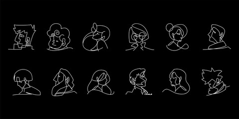 Sticker - people faces profile icons black background continuous line style