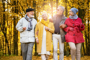 Group of happy senior friends walking in autumn park.