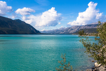 Beautiful turquoise water color lake. Muncho lake in British Columbia, Canada