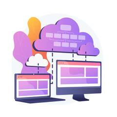 Poster - Cloud information storage. Collocated cloud computing. Data synchronization and harmonization. Available, accesssible, digital. Connected backup. Vector isolated concept metaphor illustration